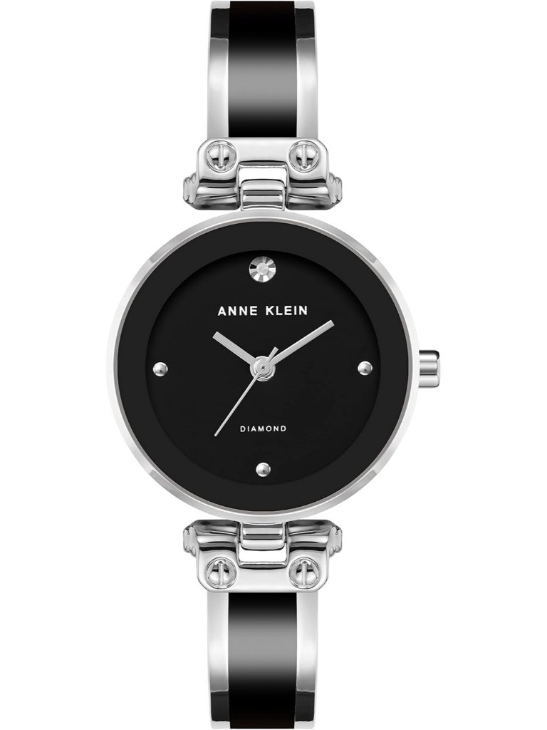 Women's Black Silver Analog Quartz Bracelet Genuine Diamond Dial Bangle Watch